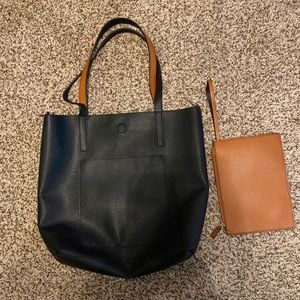 Faux Leather Black & Tan Tote and Coordinating Clutch